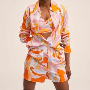 Mango Set Colorful long sleeve button down shirt top shorts high rise vacation